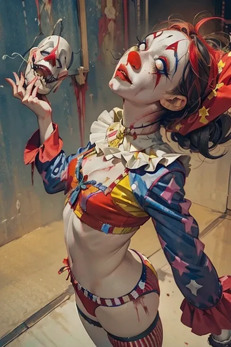 (Midnight Amusement Park),((Horror taste))、A clown looking up at the sky alone.、Sad expression、、Holding a blood-stained rifle、A colorful world with very revealing, open clothing 、Underwear is visible
