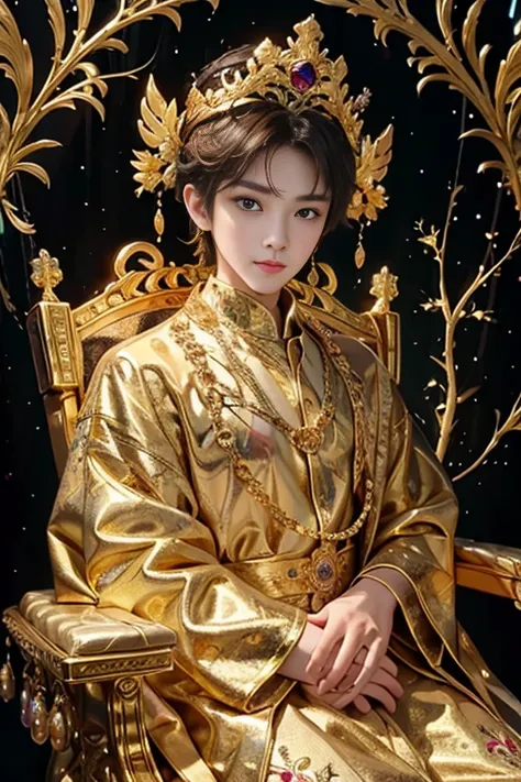 masterpiece、top quality、top quality、official art、beautiful beautiful ,1 boy , sitting on a golden throne, very detailed, fractal...