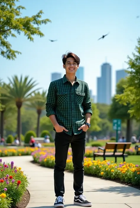 please make me a realistic photo of a 28-year-old Indonesia man, full body dark brown hair, wearing a combination green long-sleeved plaid shirt, wearing black jeans, wearing black Vans shoes, outdoors, with a city park background in the bright daylight.