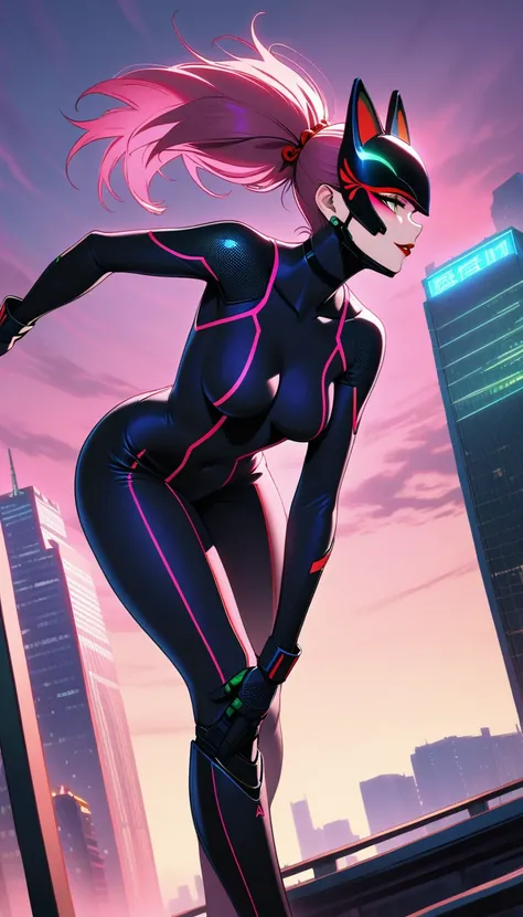 In a dystopian cyberpunk cityscape bathed in neon hues and moonlit shadows, a cyborg female ninja stands out as a stark silhouette. Her face is obscured by an ancient Inari fox mask, adorned with vibrant red lines on a white background, as she hurtles forw...