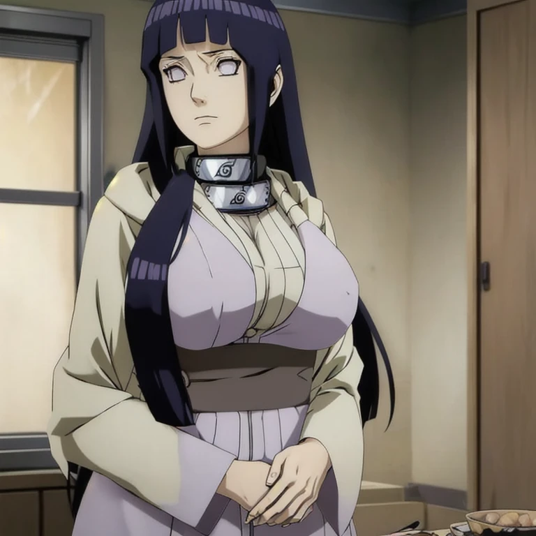 a beautiful mature woman, 34 years old, Hinata Hyuuga Uzumaki, character from Boruto: Next Generations, detailed realistic portrait, large breasts, long dark hair, wearing housewife clothes, pale skin, serene expression, intricate detailed face, delicate f...