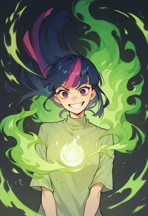 Human twilight sparkle, evil smile, floating in a dark room, green fire on the background 