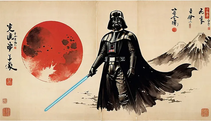 masterpiece,Darth Vaders upper body、Death Star,Japanese paintings drawn with ink and water,(Beautiful gradation created by layering),(Tarashikomi technique),(dynamic)、Ink Painting、Ukiyo-e、Chinese character、Faded、Movie Posters