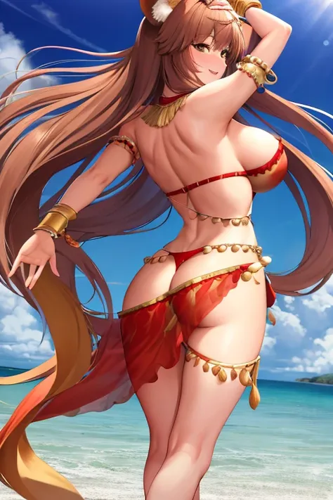 masterpiece, best quality, beautiful art, high resolution, well formed hands, body and fingers, 1 woman, solo, Tamamo No Mae, fox ears and fox tail, 31 years old, grown up, arabian belly dancer, adult, large and round breasted, cleavage, hair ribbon, full ...