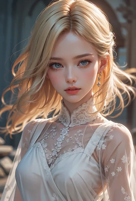 Pure love comic style_Vivid colors:1.2, Mystical and beautiful starlit scenery, flowers, natural light, Light and brightness. Shiny, rich platinum blonde_straight long hair, Pastel yellow outfit_Lace short puff sleeves, detailed details, (best quality, 4K,...