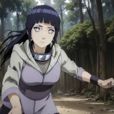 1girl, Hinata Hyuuga from Naruto Shippuden, 18 years old, beautiful detailed eyes, beautiful detailed lips, extremely detailed face and features, long eyelashes, detailed ninja outfit, attacking pose, training in forest environment, lonely expression, high...