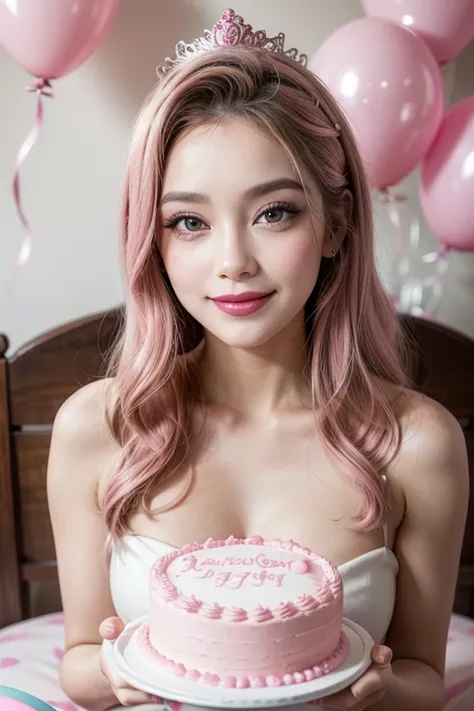 beautiful woman with makeup and pink lipstick smiling with a big pink cake birthday party scene