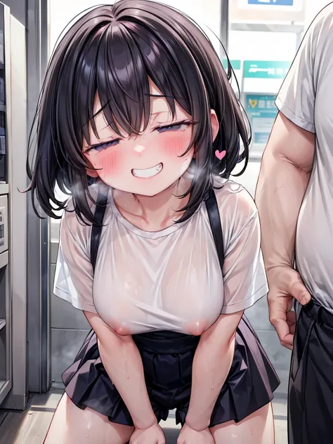 (Girl, Fat middle-aged man:1.2)、(Small female student)、blush、convenience store、Very detailed、High resolution、4K、masterpiece、High resolution、(heart:1.3)、(rape)、(Grin:1.6)、(Half-close your eyes:1.3)、(Sweaty:1.3)、(Big Breasts)、(Push one&#39;s groin forward)、(...