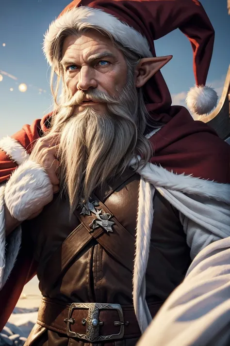 (master piece), 8k, best quality, elf, middle age, big white beard, pointed ears, blue eyes, Norse Viking outfit, Santa Claus hood and cape, brown color,