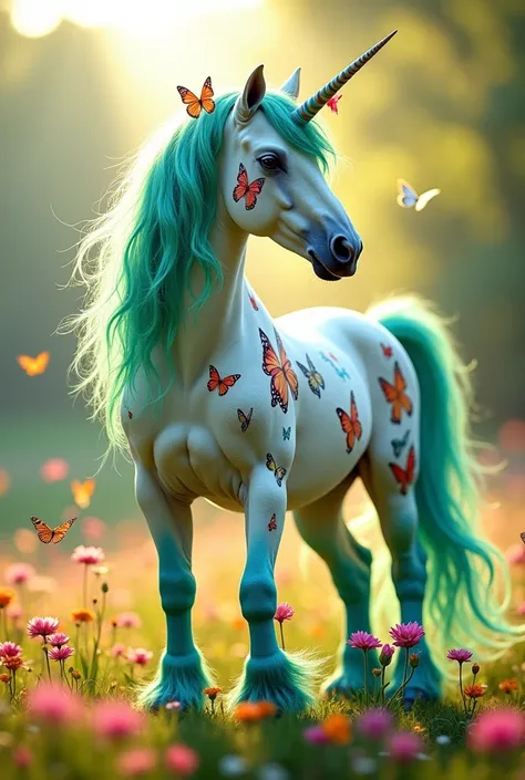 photorealistic unicorn, colorful mane,with a butterfly print outfit, blue hind hooves, colorful front, colorful face, green mane