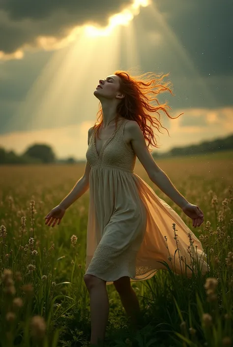 Redhead girl, Rustic dress , walking through the Provençal countryside. torrential rain, Look at the sky receiving the strong rain that falls on your face, Illuminated by the rays of the morning sun.  retro photography, David Hamilton Style. Analog photogr...