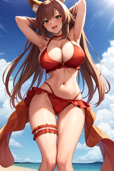 masterpiece, best quality, beautiful art, high resolution, well formed hands, body and fingers, 1 woman, solo, Tamamo No Mae, fox ears and fox tail, 31 years old, grown up, arabian belly dancer, adult, large and round breasted, cleavage, hair ribbon, full ...