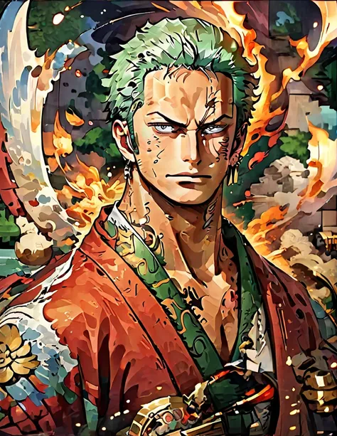 roronoa zoro from anime one piece. three swords. best angle. samurai. particle fire. dragon circle. symmetrical epic fantasy art...