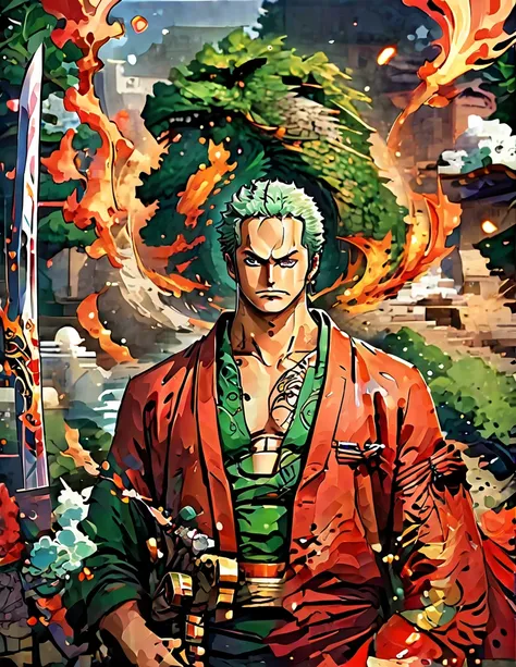 roronoa zoro from anime one piece. three swords. best angle. samurai. particle fire. dragon circle. symmetrical epic fantasy art...