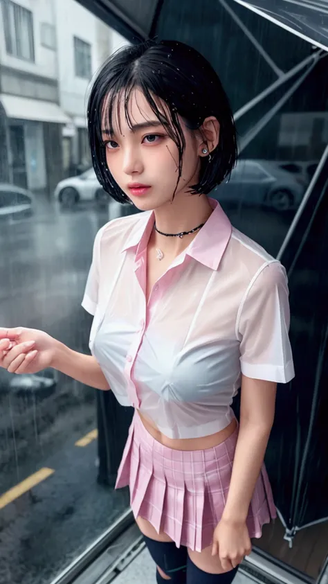 (8k, Photorealistic, Raw photo, Highest quality: 1.4),Japanese idol-style beautiful girl,1 person,(Short Bob),(Black),She has her hair tucked behind her ears,(Raindrops dripping from hair: 1.1),Clear grey eyes,Eyes moist,Long eyelashes,(piercings(small)),(...