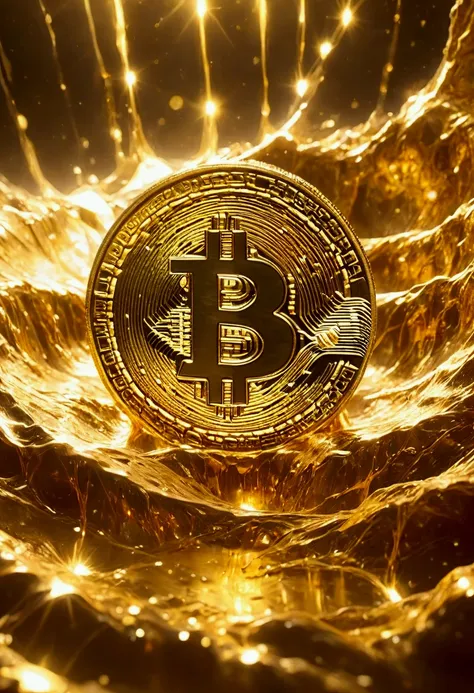 make a gold bitcoin coin standing upright, semi-submerged, melting in a pool of molten golden metal.