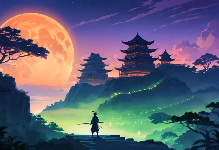 landscape;Moon; ancient Chinese castle ;monochromatic orange, green and violet; black silhouette samurai warrior