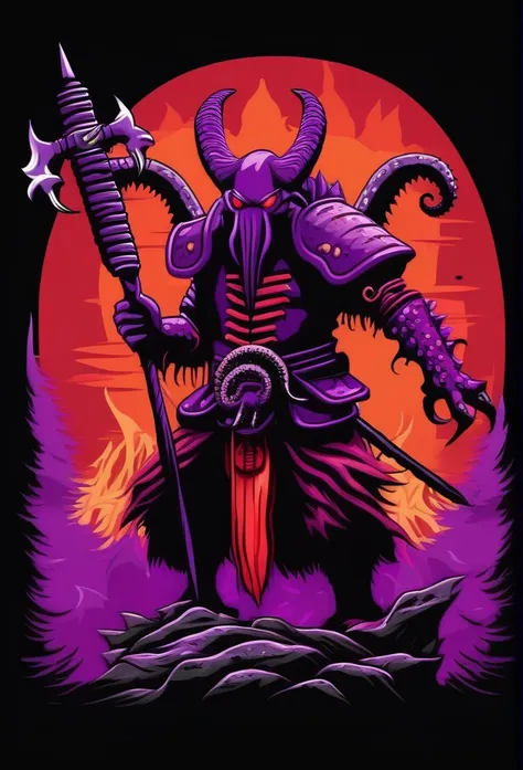 kraken samurai warrior, vivid red and red-orange with dark red speckles, covered in purple spikes and horns, giant spiked purple hammer, green ruins in tentacles, masterpiece, best quality, retro arcade art style, hyper detailed, intricate, octopus, creatu...