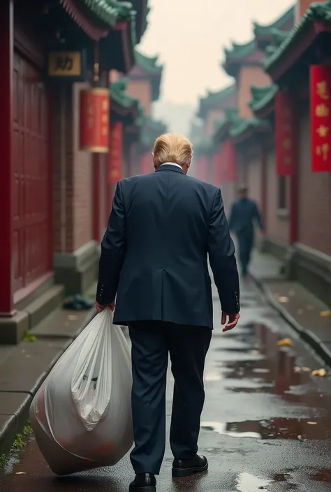 close up，best quality，masterpiece，President Trump is picking up trash in a hutong in Beijing.