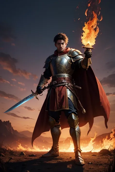 A warrior Draconato in a heroic pose, wearing intricate medieval armor, holding a magic sword engulfed in flames. The setting is a battlefield at sunset, with deep shadows and warm colors. Anime style with vibrant details.