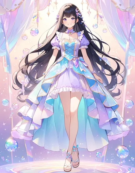 Woman, cute, adorable, full body, full breasts, smiling, straight hair, long hair, black hair, standing,
(Bubble Dream Idol-inspired costume, featuring motifs of bubbles and ribbons, with a color palette of pastel blue and lavender), (costume includes a fi...