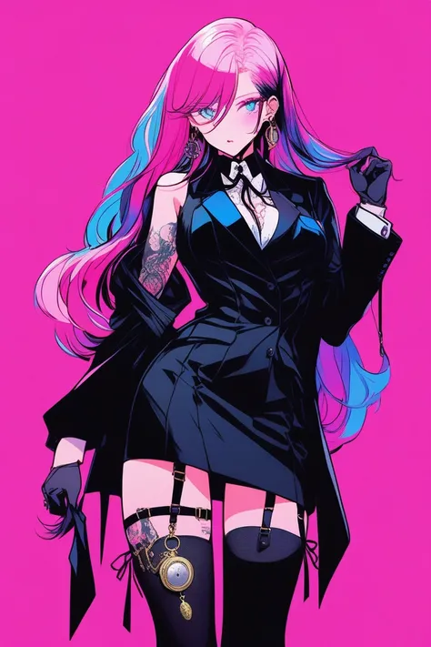 Illustrator, anime , Realistic ,sketch , 1 person, model, lip, Holding a pocket watch in hand, wearing Black tuxedo-like miniskirt dress, Thigh-high stockings with laces, order, Blue and pink gradient background, Neon colored hair, Big Breasts, look back, ...