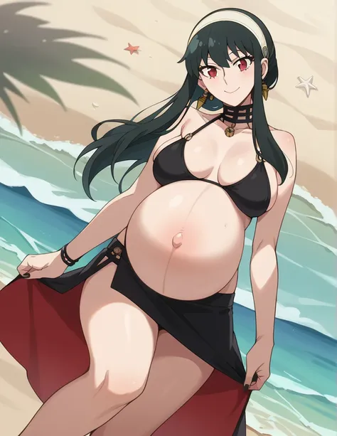 score_9, score_8_up, score_7_up, source_anime,
yorbriar, yor briar, black hair, red eyes, earrings, white hairband, hairband, long hair, sidelocks, Big breasts,
bare shoulders, bikini, mini skirt, thighs,
Beach, smile, Black toenails, Black nails,
looking ...