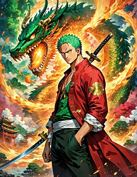 roronoa zoro from anime one piece. three swords. best angle. particle fire. dragon circle. symmetrical epic fantasy art, symmetr...