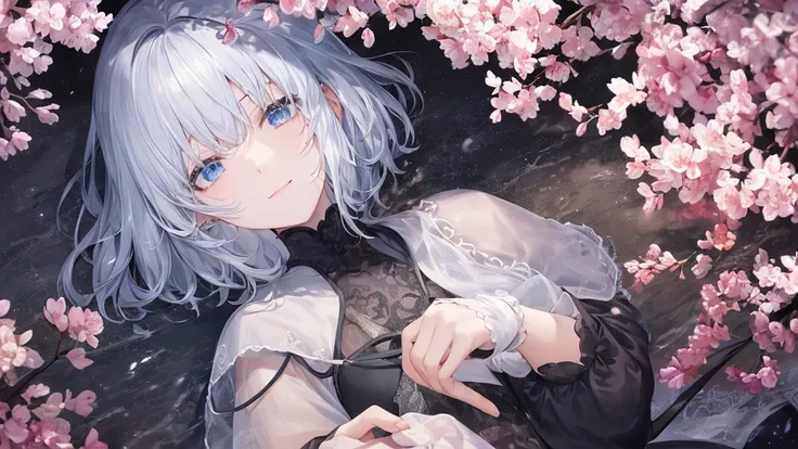 Ultra HD,Look at the viewers, Place your hands behind your back, and, 20-year-old, 非常にshort hair, Long bangs between the eyes, Pale blue eyes, Very detailed,(masterpiece、Highest quality),Gray Hair、Laughter、wonderful, Silver Hair, iris, short hair、 Flutteri...