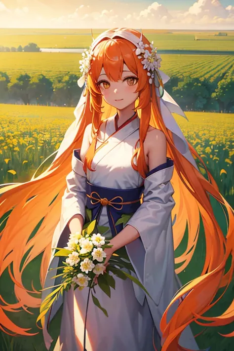 work of art, best qualityer, 1 girl standing in corn field, standing alone, long hair, don, flowers, Green Hanfu with lace, ssmile, white flowers, bared shoulders, very long hair, hair orange, cloused mouth, front viewer, bangss, looking ahead at viewer 