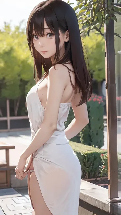 8k, alone、Highest quality, masterpiece, Realistic, Very detailed, photo Realistic, Improvement of quality, Hmph:1.2,City park in the evening、on the asphalt、32K、Best image quality、Ochre sleeveless knit dress、Cheap feeling、very good、panties、Bodyline:1.3 is c...