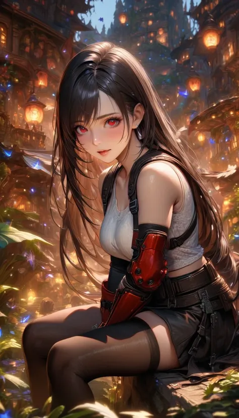 Ultra detailed, highres, absurdres, HDR, master piece, Tifa Lockhart, black hair, long hair, expressive red eyes, white shirt, red and black gloves, black skirt, black stockings, Final Fantasy VII Remake, petals, fireflies, woman sitting, solo, extremely b...