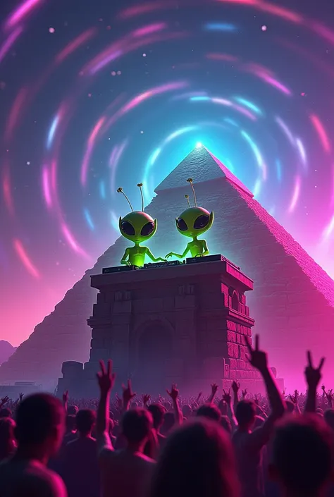 Two green aliens DJing electronic music on top of an Egyptian pyramid, at a party with neon lights at night.