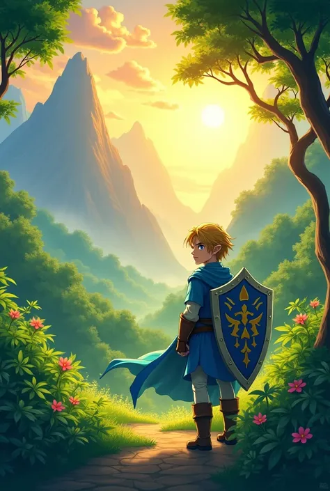 sunrise in a detailed and ray-traced forest landscape between the leaves of the trees, Further away on the left side there are some high mountains, Animated and Japanese cartoon style and a blue-cloaked adventurer with a shield