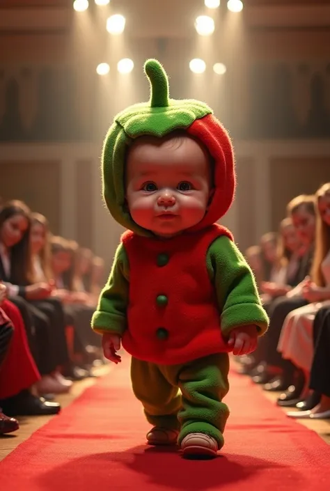 Cute baby with very big head wearing a nice pepper shaped costume in a fashion show Realistic style Real body full body