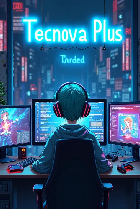 anime sitting on the computer with a sign that says tecnova plus
