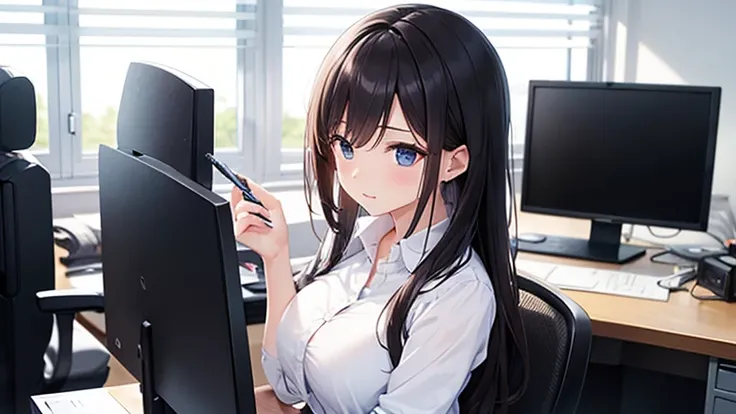 A woman working in an office、Please draw an illustration of a woman concentrating on desk work while wearing a tight skirt.。Computers and documents are lined up in the background.、There is a professional atmosphere。