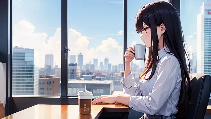 A working woman wearing a tight skirt、Please draw an illustration of someone taking a break by the window in the office.。A woman holds a coffee cup、Relaxing and looking at the view outside。The cityscape spreads in the background.。