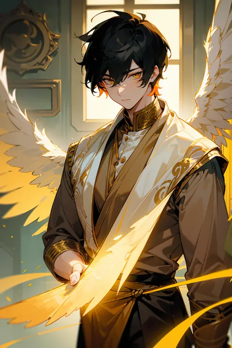 1male, Young Adult, Light Orange Hair, Black Hair, Two Toned Hair, Short Hair, Yellow eyes, Disheveled Hair, Radiant, Masculine, Beautiful Lighting, Angel Wings, Indian Clothing