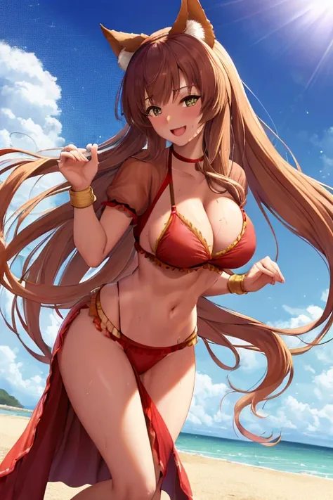 masterpiece, best quality, beautiful art, high resolution, well formed hands, body and fingers, 1 woman, solo, Tamamo No Mae, fox ears and fox tail, 31 years old, grown up, arabian belly dancer, adult, large and round breasted, cleavage, hair ribbon, full ...