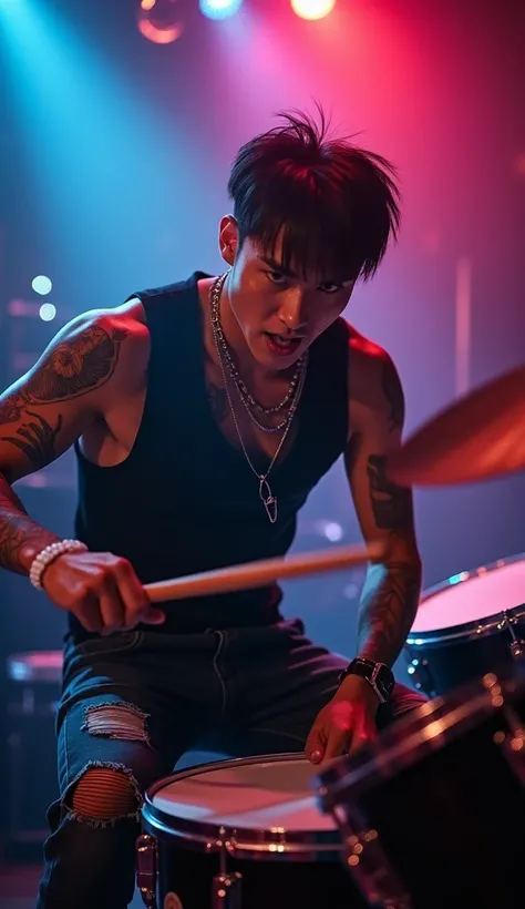 Close up of Handsome korean drummer, very manly, seen to raise his hand holding drumstick, face energized and looking excited, his eyes looking at camera, sleeveless black shirt, ripped jeans pants, tattoes, nice body and nice shoulder, low angle shot. in ...