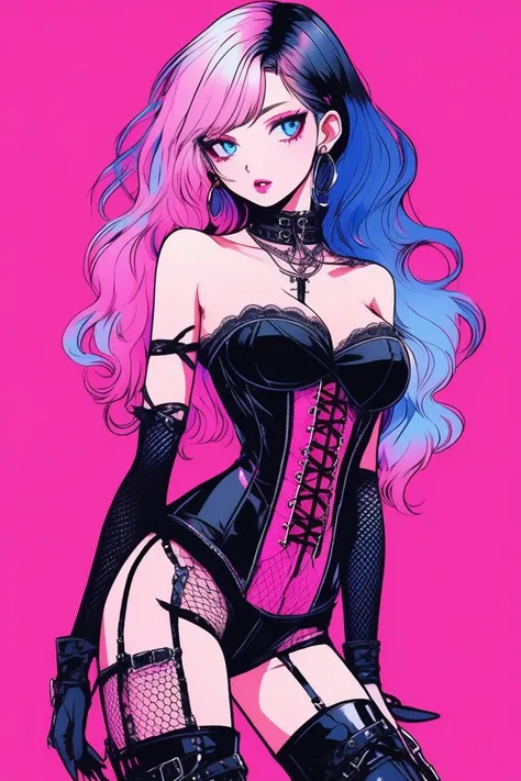 Illustrator, anime , Realistic ,sketch , 1 person, model, Portrait, lip, wearing strapless and corset-like body suit, wearing black fishnet stockings and black boots with laces, order, Blue and pink gradient background, Neon colored hair, Big Breasts, whol...