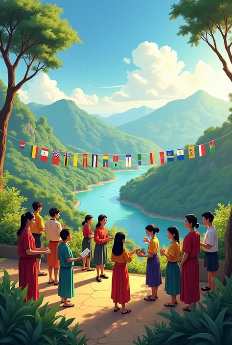 demonstrate a holistic understanding of culture and society by illustration. landscape. show students understanding cultures, beliefs, mores, language, values, and showing respects. include Philippines and other countries showing unity. still landscape 