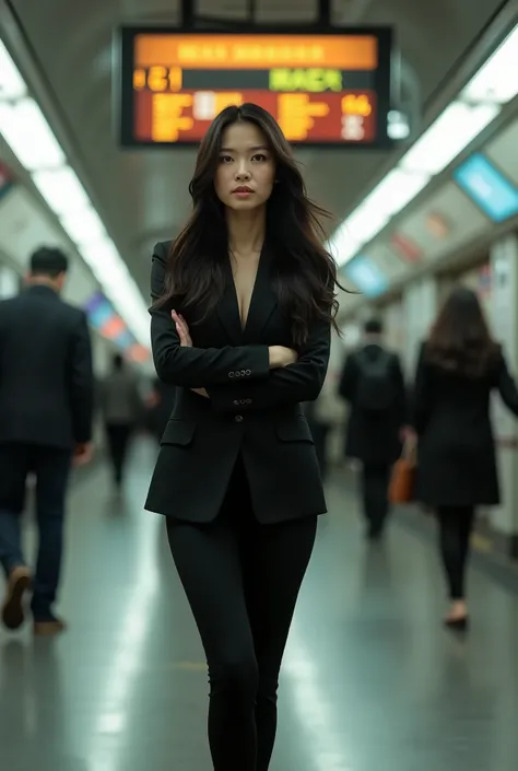 40 year old beautiful busty asian woman,Highest vulgarity image quality、realistic、16K、vulgarity face、cute、long hair、slim、Standing、OL in the subway、black suit、whole body、Annoyed、panoramic、show me your long legs、Photographed quite far away、whole body姿、Back v...