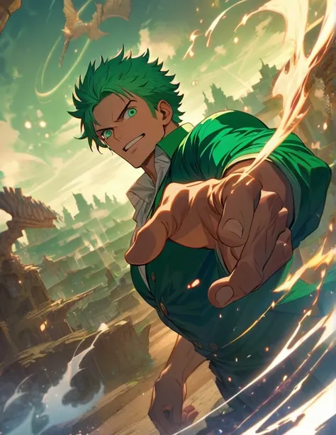 roronoa zoro from anime one piece. best angle. posed. particle fire. dragon circle. symmetrical epic fantasy art, a portal to th...