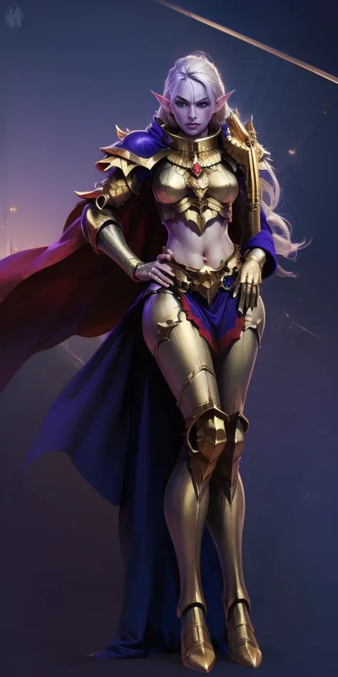 masterpiece, best quality, high quality, drow elf, long hair, pale hair, red eyes, purple skin, deep blue cape with golden ornaments (1solofemale full body standing straight symmetrical, hands on hips)