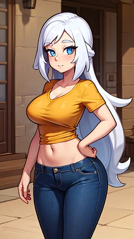 A girl has long white hair and she has large breasts and she is wearing her yellow shirt with blue pants and she has blue eyes and she has a cute face 