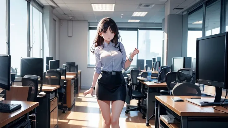 A woman working in an office、Please draw an illustration of a woman concentrating on desk work while wearing a tight skirt.。Computers and documents are lined up in the background.、There is a professional atmosphere。