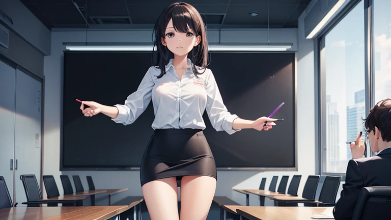 Present in a meeting room、Please draw an illustration of a working woman wearing a tight skirt.。The woman is speaking with a serious expression.、There is a whiteboard and a projector in the background.。