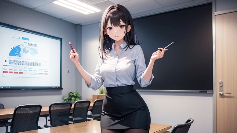 Present in a meeting room、Please draw an illustration of a working woman wearing a tight skirt.。The woman is speaking with a serious expression.、There is a whiteboard and a projector in the background.。